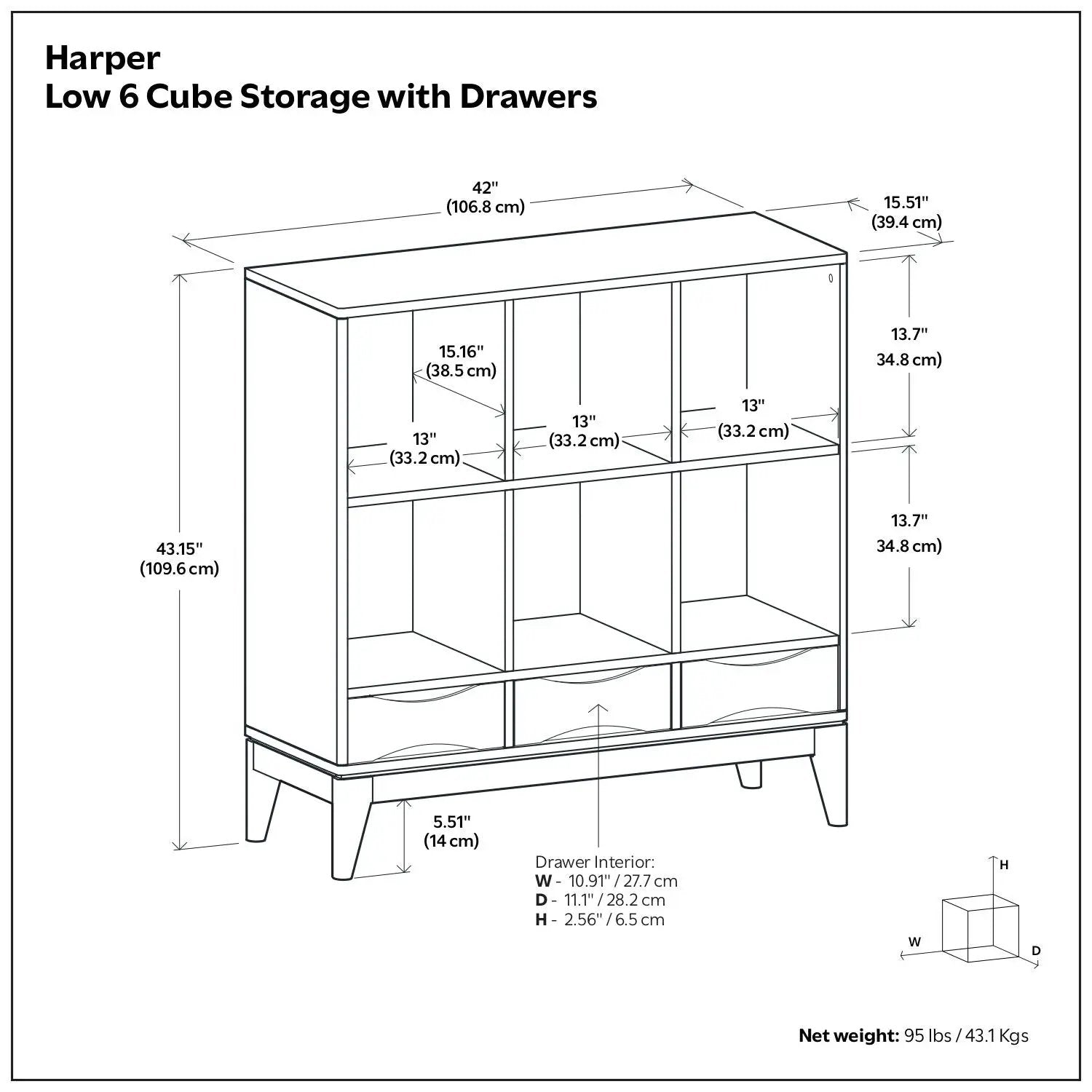 Harper - Low 6 Cube Storage With Drawers - Walnut Brown by HouseOfZazla