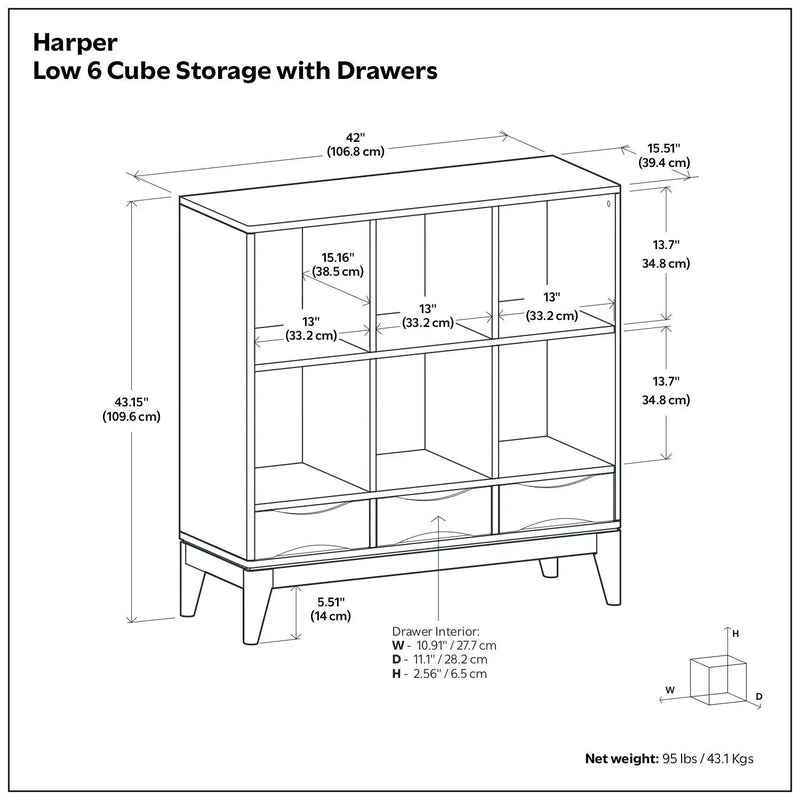 Harper - Low 6 Cube Storage With Drawers - Walnut Brown by HouseOfZazla