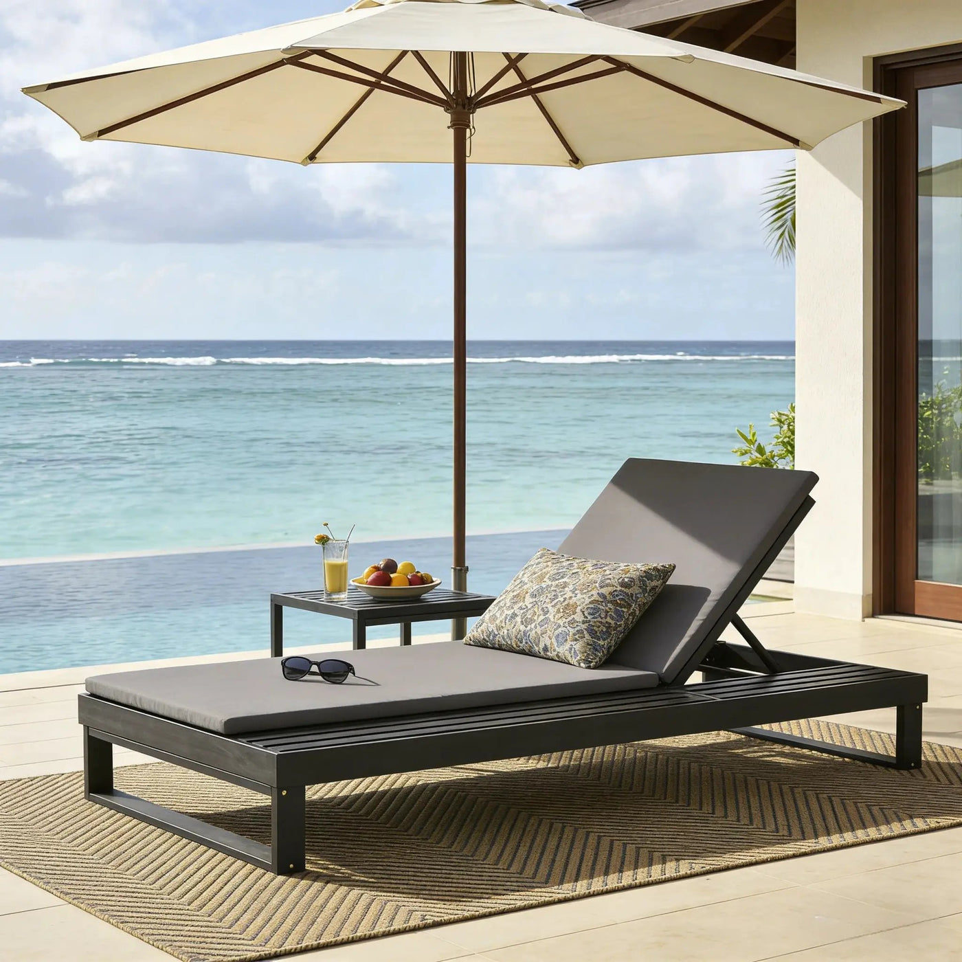 Black Acacia Wood Chaise Lounge with 1.57-Inch Cushions by HouseOfZazla