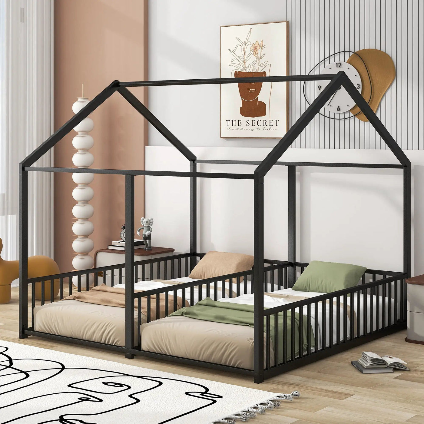 House Platform Beds, 2 Shared Beds, Metal Frame With Guardrails by HouseOfZazla