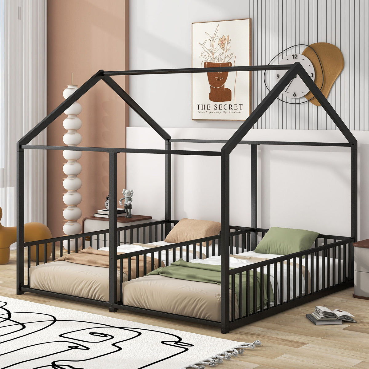 House Platform Beds with Guardrails - Metal, Twin Size, White, Dark Gray, Black, photo 18 of 29