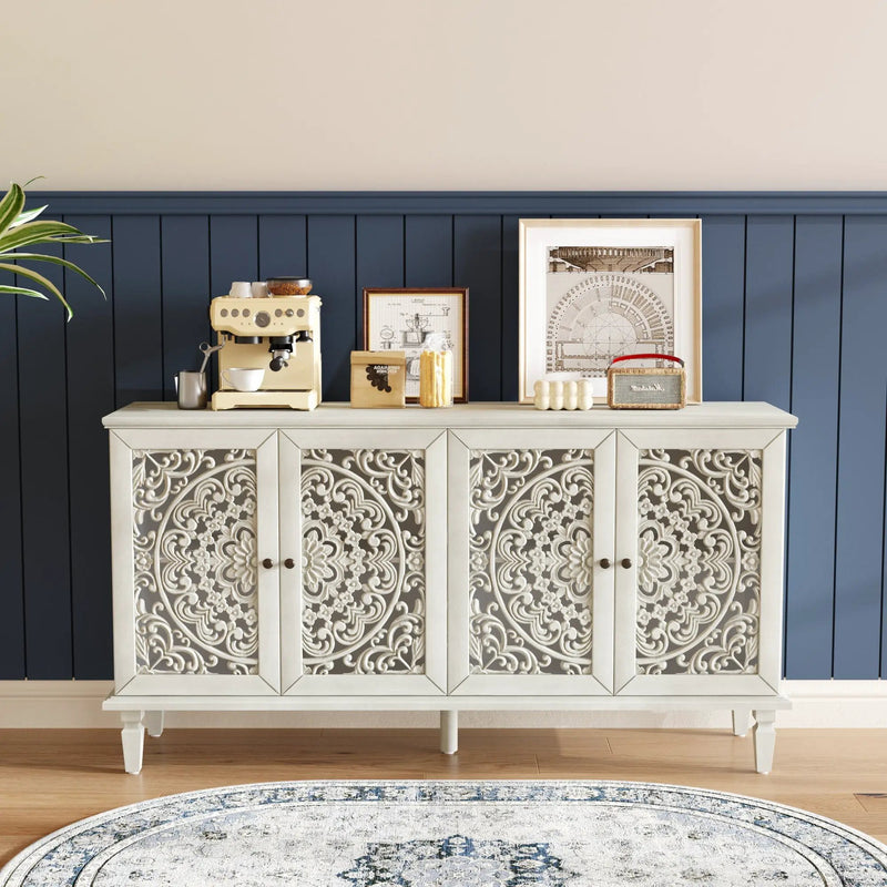 60" Antique Buffet Cabinet with Floral Carvings and Solid Wood Legs by HouseOfZazla