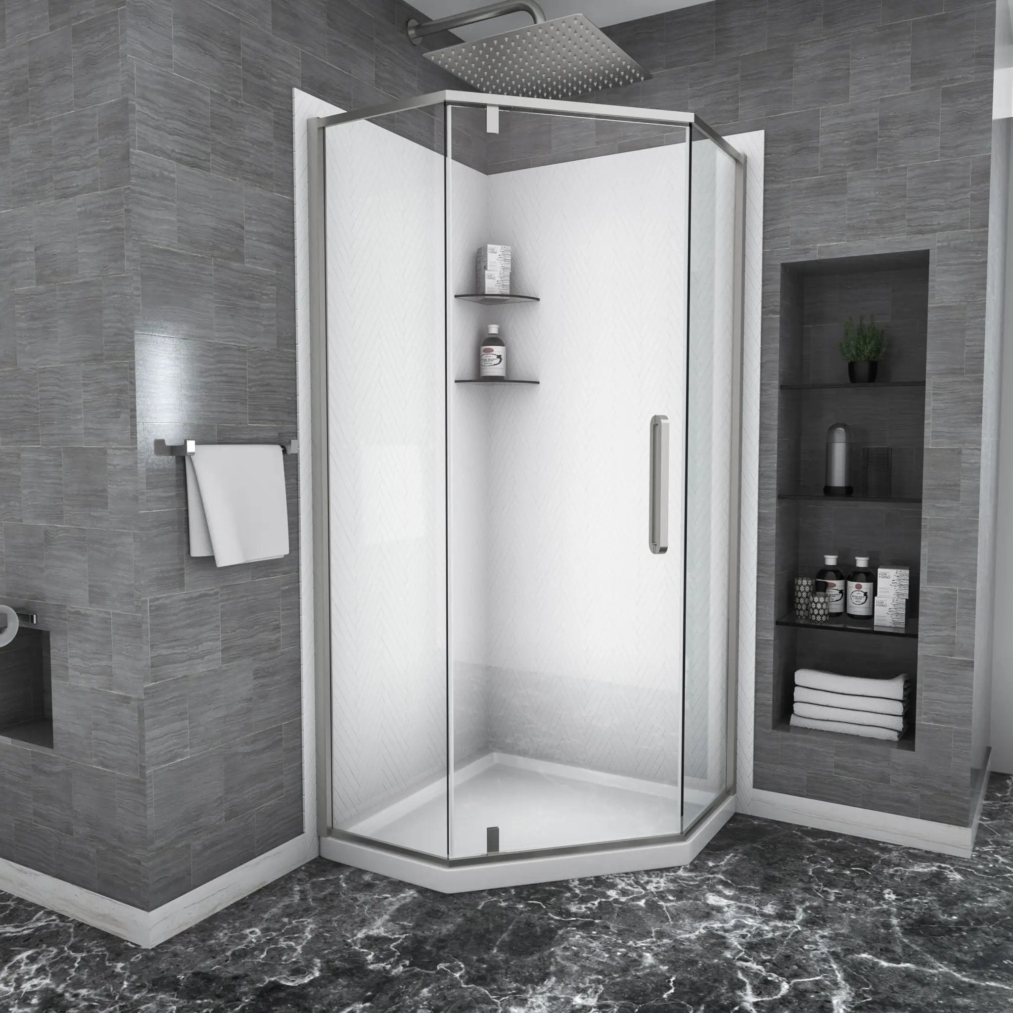 Semi Frameless Neo Angle Hinged Shower Enclosure With Clear Tempered Glass - Brushed Nickel by HouseOfZazla