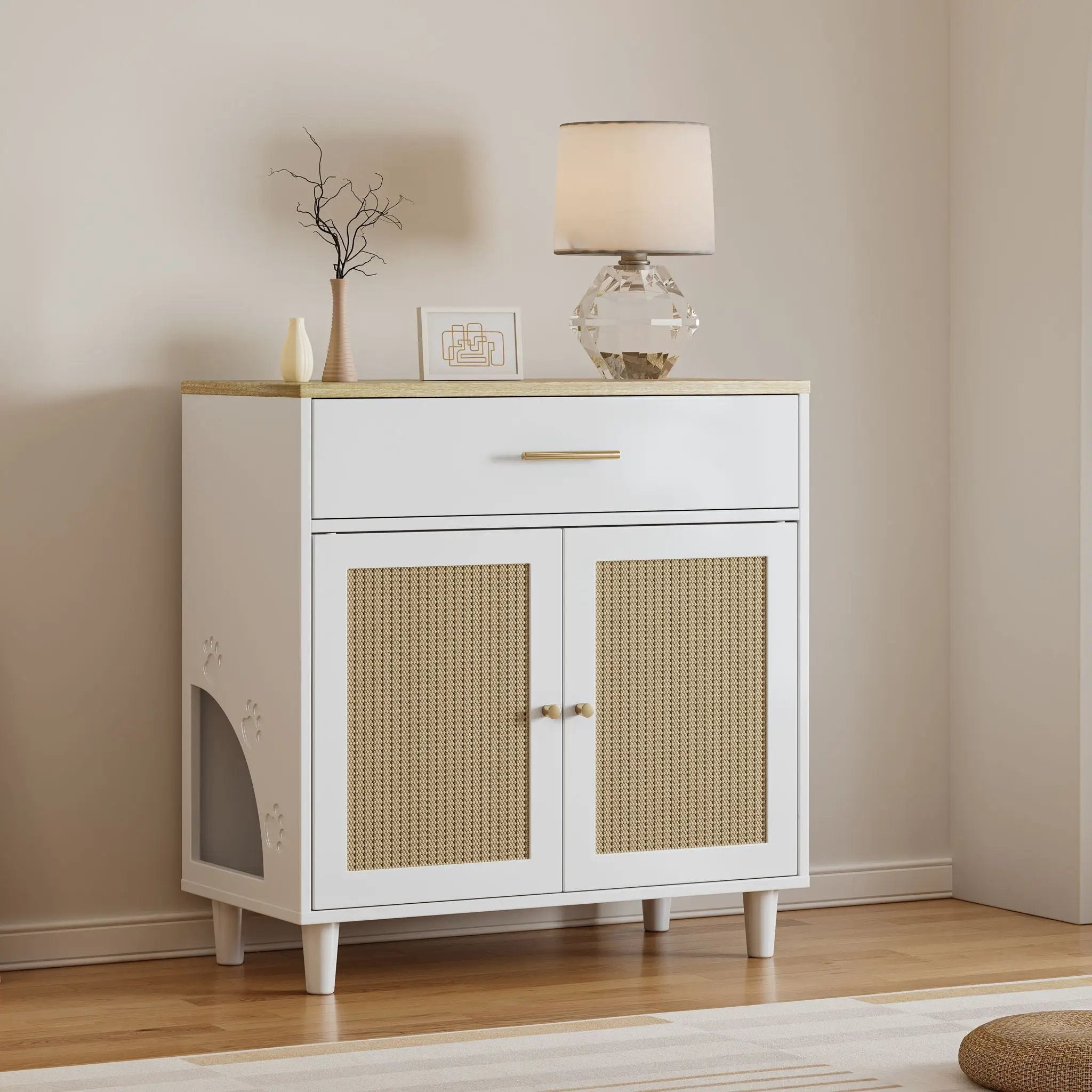 Cat Litter Box Enclosure With Scratch Pad, Hidden Litter Box Furniture, Wooden Pet House Sideboard, Storage Cabinet, Fit Most Cat And Litter Box, For Living Room Bedroom Office - White / Light Brown by HouseOfZazla