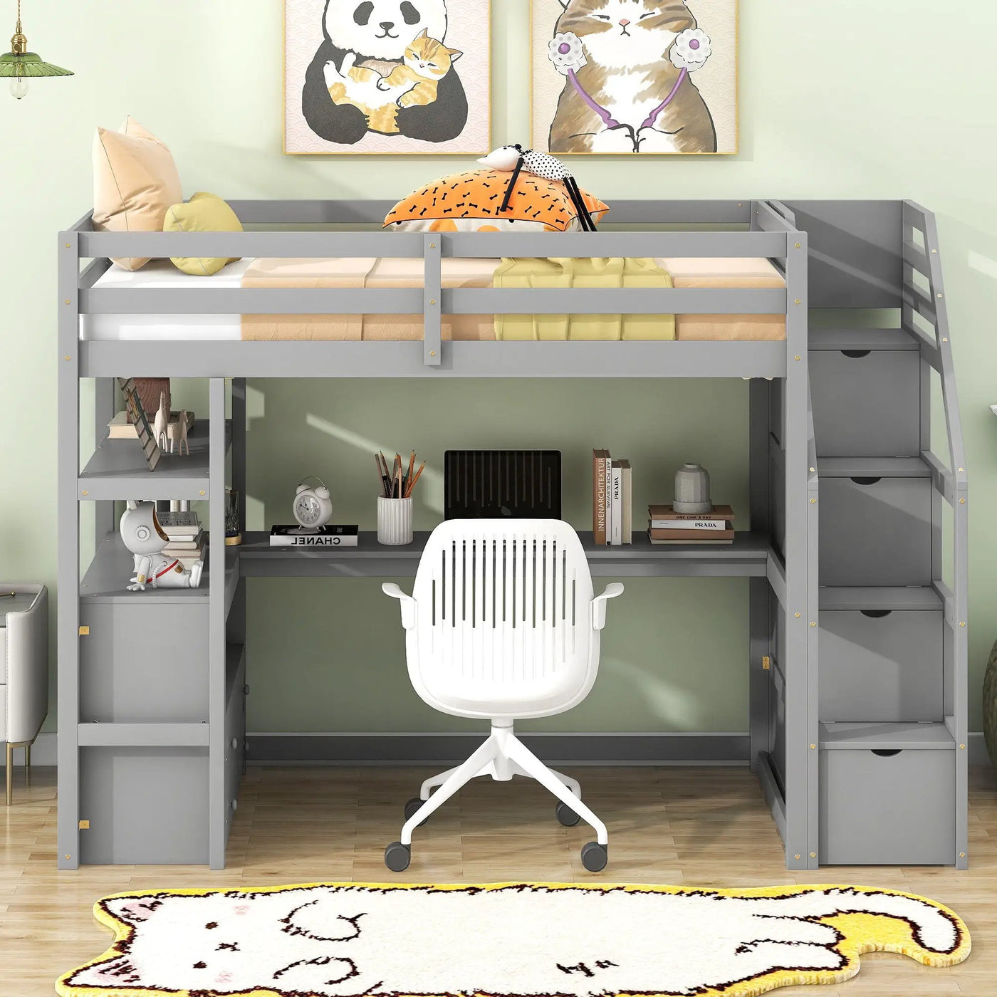 Loft Bed With Desk, Shelves, 2 Drawers, Storage Staircase by Unique Piece Furniture