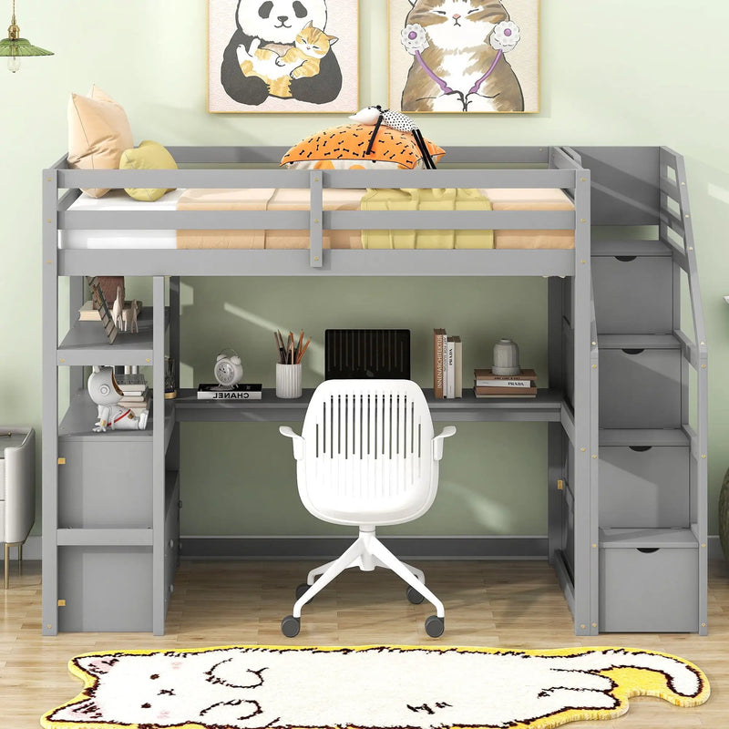 Loft Bed With Desk, Shelves, 2 Drawers, Storage Staircase by HouseOfZazla