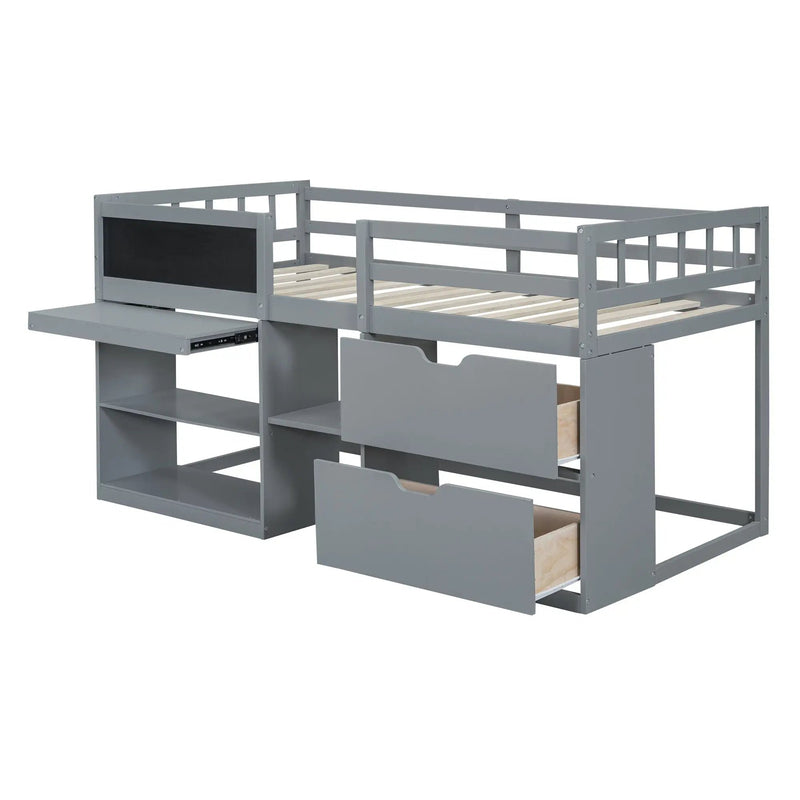 Low Loft Bed With Rolling Desk, Shelf And Drawers by HouseOfZazla