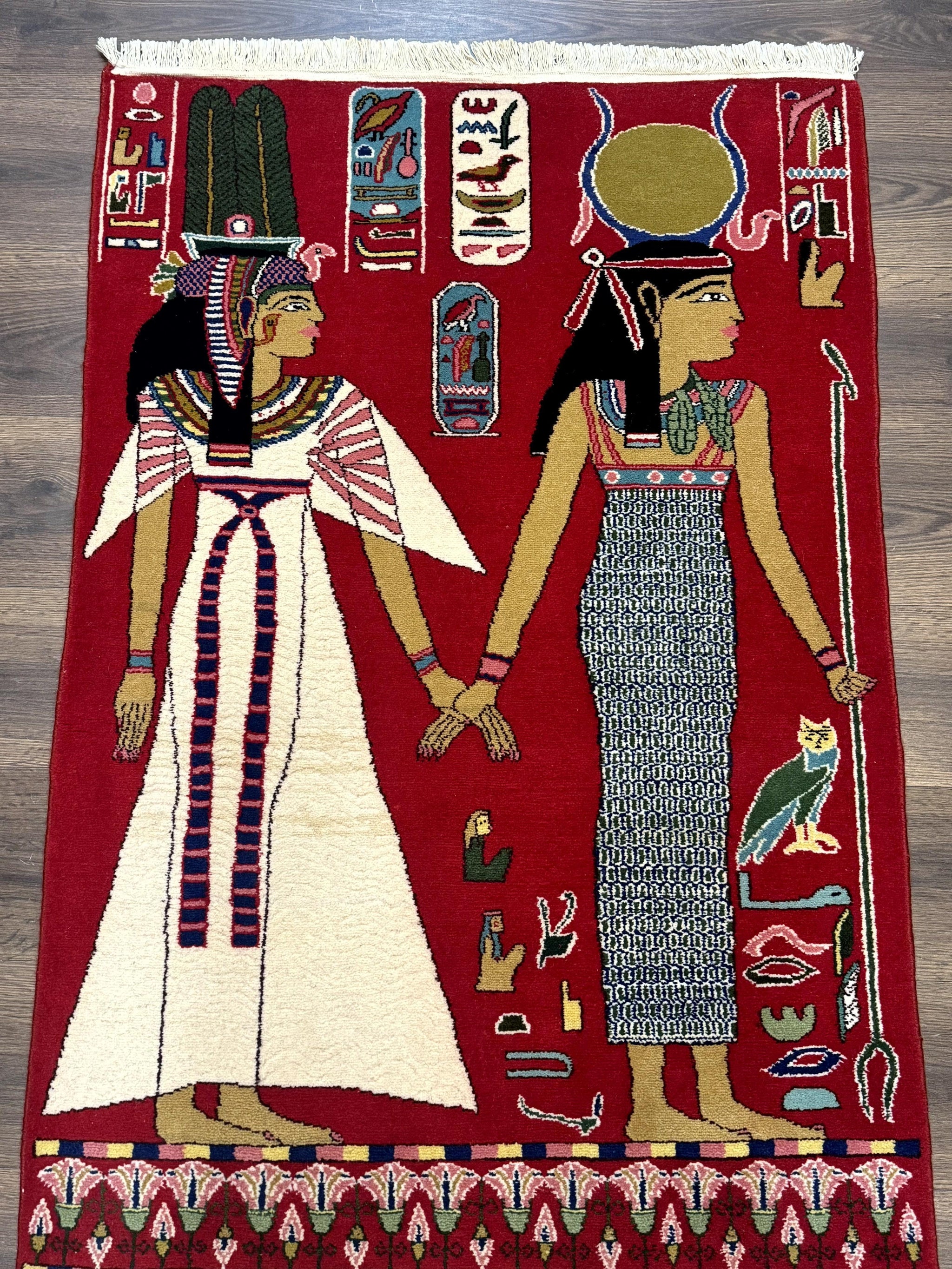 Egyptian Pictorial Rug 3x4, Hieroglyphic Pictorial Rug, Egyptian Prince and Princess, Cleopatra, Vintage Handmade, Red by Jewel Rugs