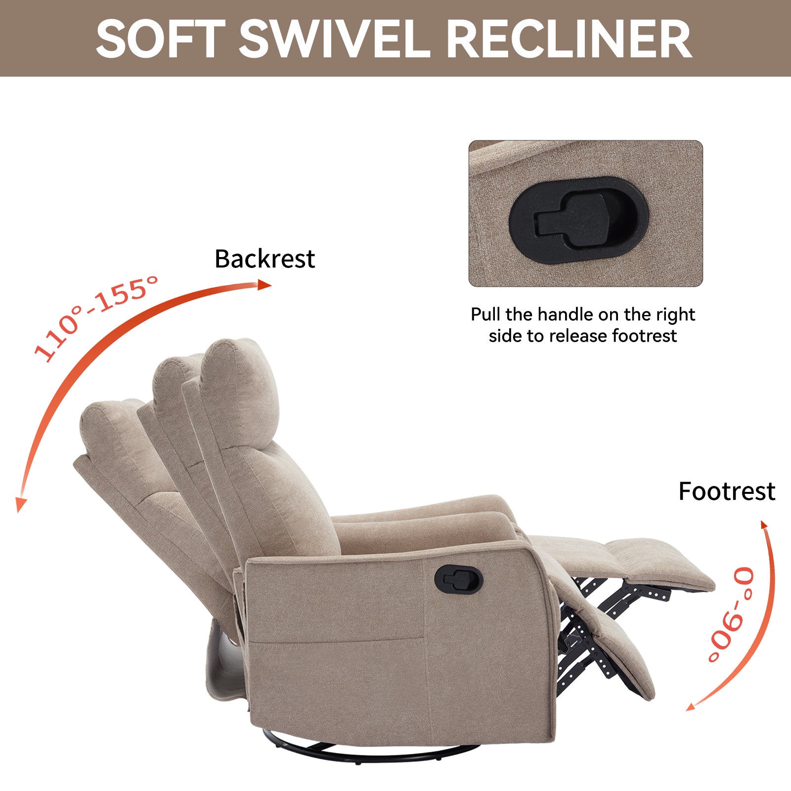 Heat Massage Manual Recliner Chair with Rocker and Swivel in Khaki by HouseOfZazla