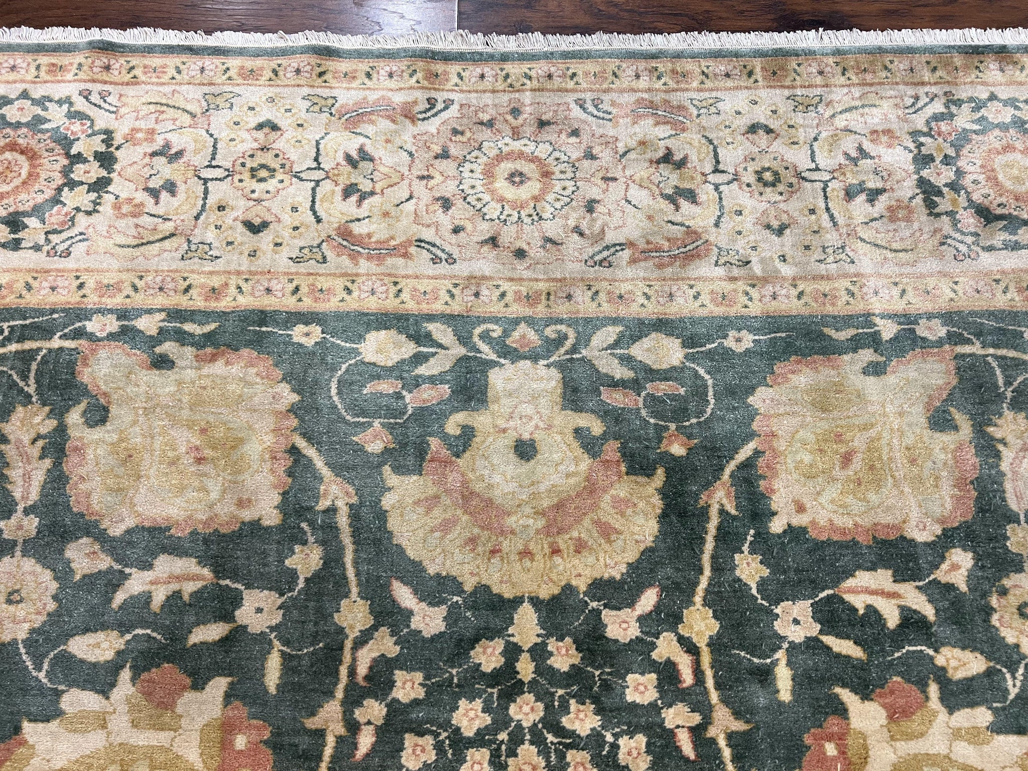 Egyptian Mahal Rug 10x14, Large Vintage Floral Hand Knotted Wool Carpet 10 x 14, Dark Green and Beige Traditional Handmade Persian Area Rug by Jewel Rugs
