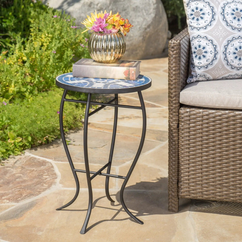 Outdoor Round Side Table With Mosaic Style Top And Curved Iron Legs - Blue / Matte Black by HouseOfZazla