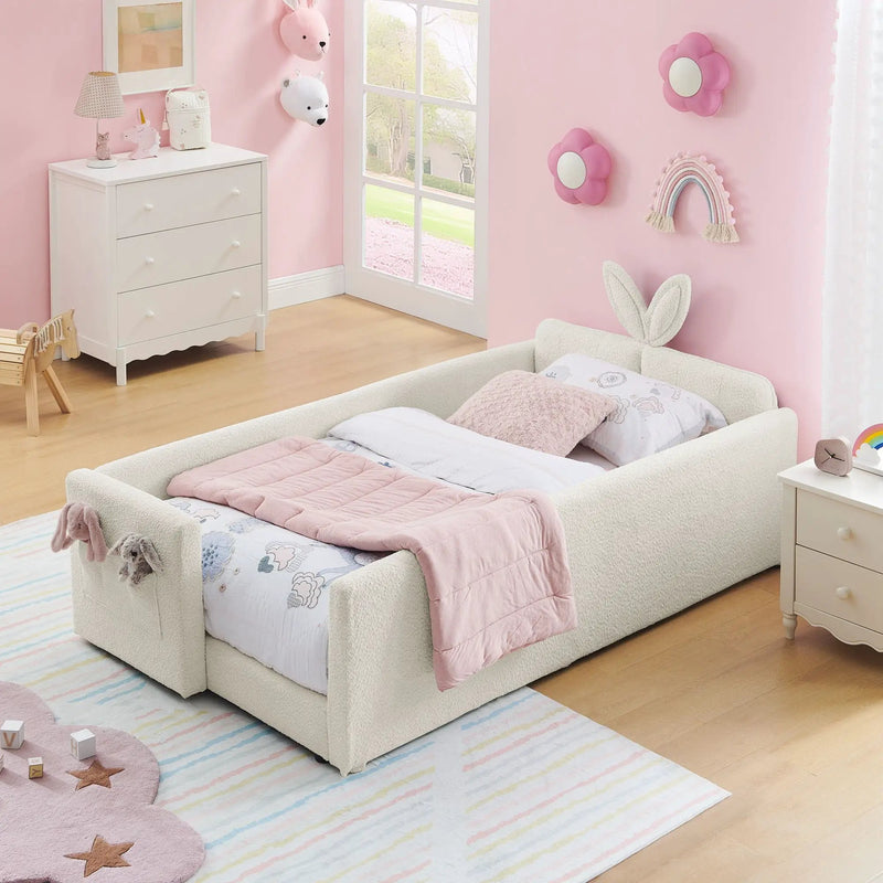 Cute Rabbit Ear Upholstered Platform Bed Frame With Safety Rail by Unique Piece Furniture