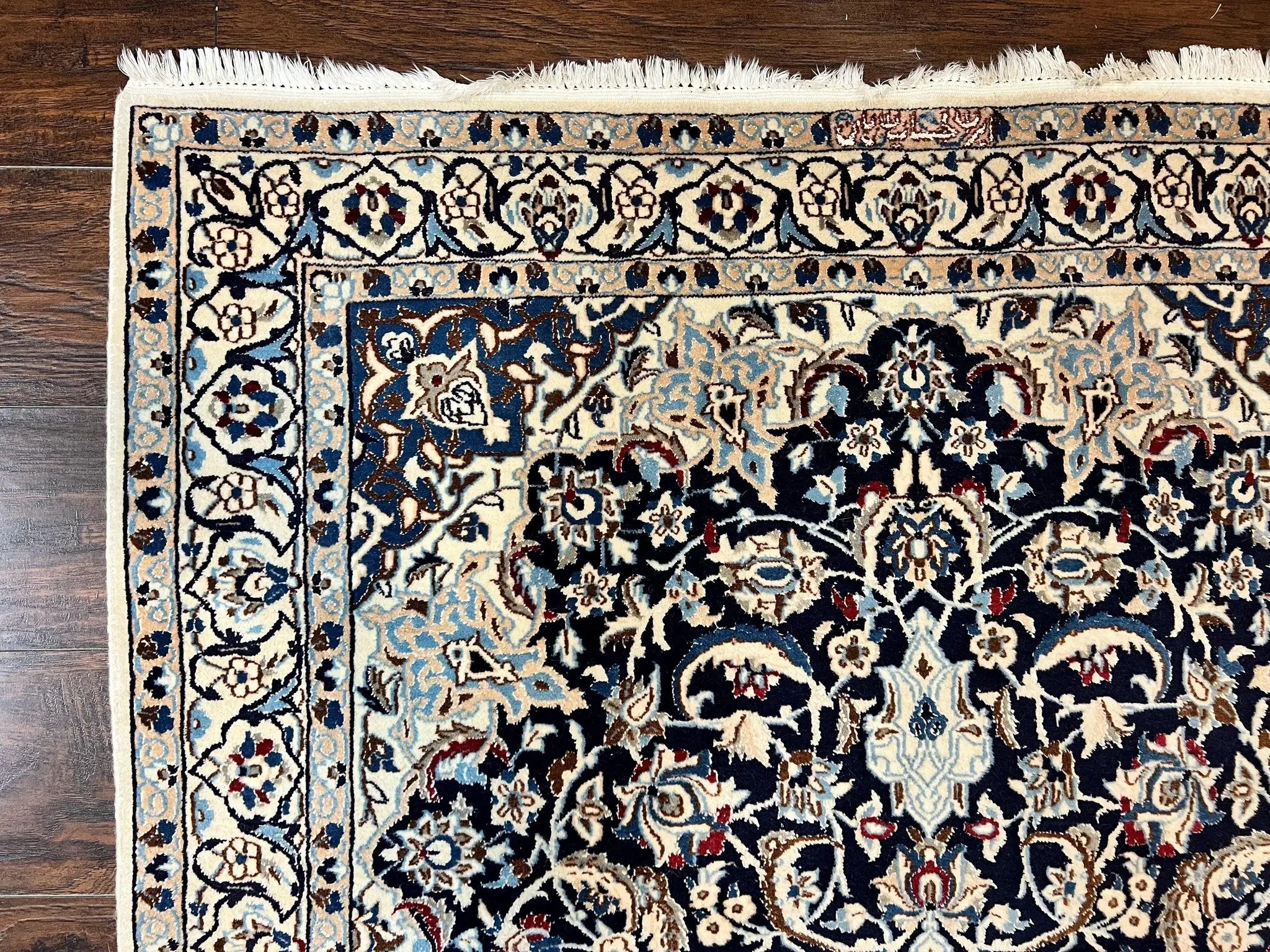 Persian Nain Rug 4x6, Floral, Hand Knotted Vintage Wool & Silk Highlights, Signature from Masterweaver, Navy Blue and Ivory by Jewel Rugs