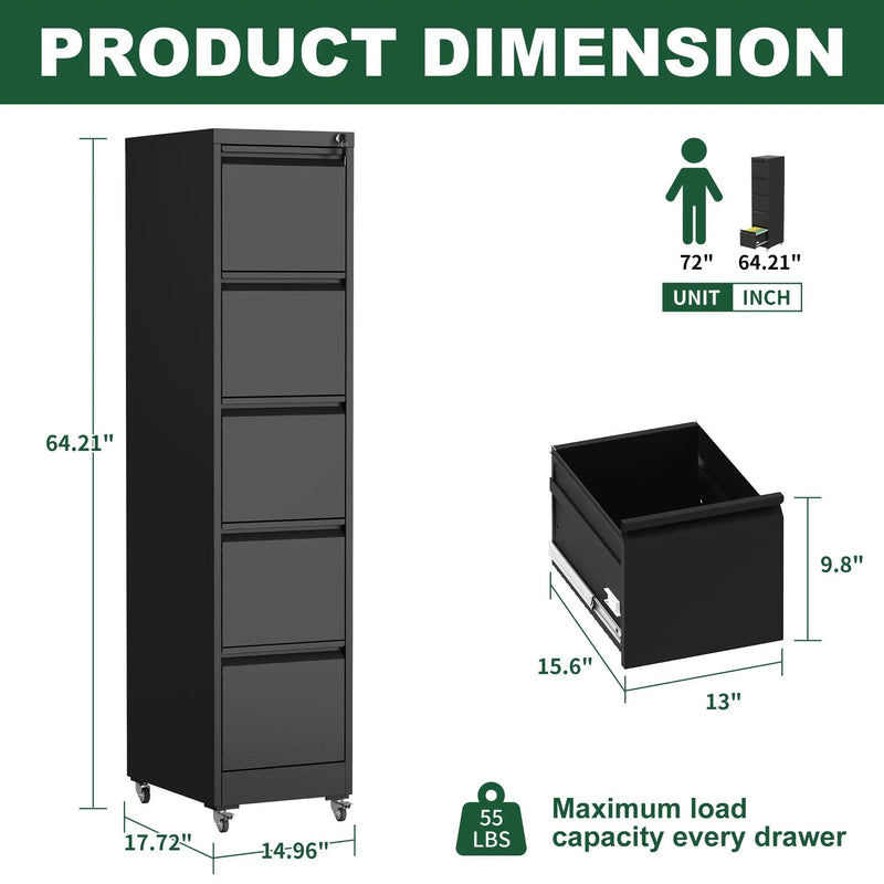 Drawer Metal Locking Vertical File Cabinet With Wheels Heavy Duty Lockable Storage by Unique Piece Furniture