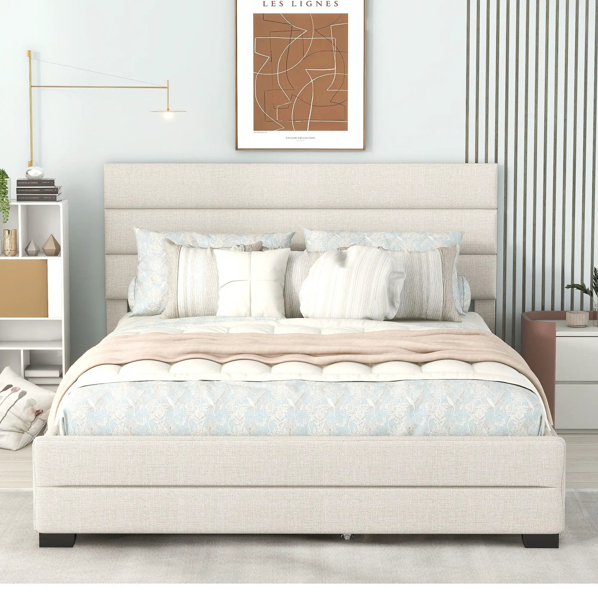 Queen Platform Bed With Twin Trundle And 2 Storage Drawers - Beige by HouseOfZazla
