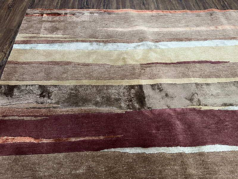 Modern Tibetan Rug 8x11 Nepali Carpet, Shiny Velvely Soft Wool and Silk, Contemporary Hand Knotted Rug, Striped Design, Wool Area Rug 8 x 11 by Jewel Rugs