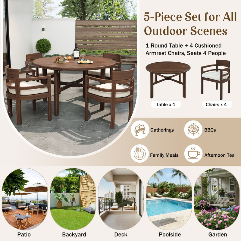 5 Piece Round Patio Table & Cushioned Armrest Chairs, Outdoor Dining Set With Umbrella Hole by HouseOfZazla