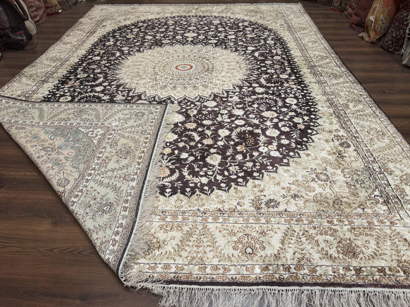 Indian Kashmiri Silk Rug 10x14, Floral Medallion by Jewel Rugs