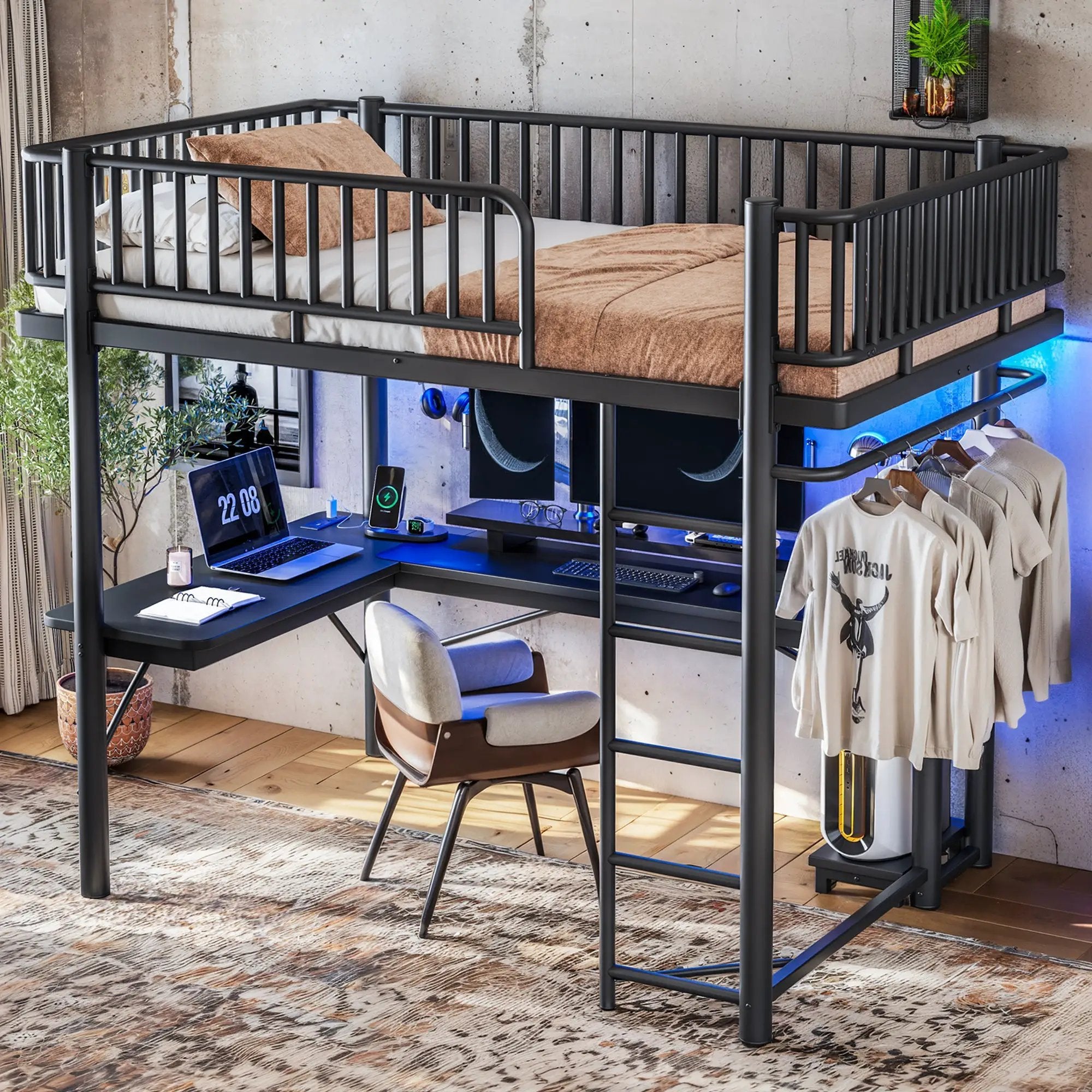 Full Loft Bed with L-Shaped Desk and LED Light Strip by HouseOfZazla