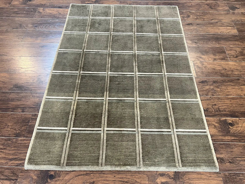 Tibetan Rug 4x6, Green Wool Handmade Area Rug 4 x 6, Panel Design, Modern Contemporary by Jewel Rugs