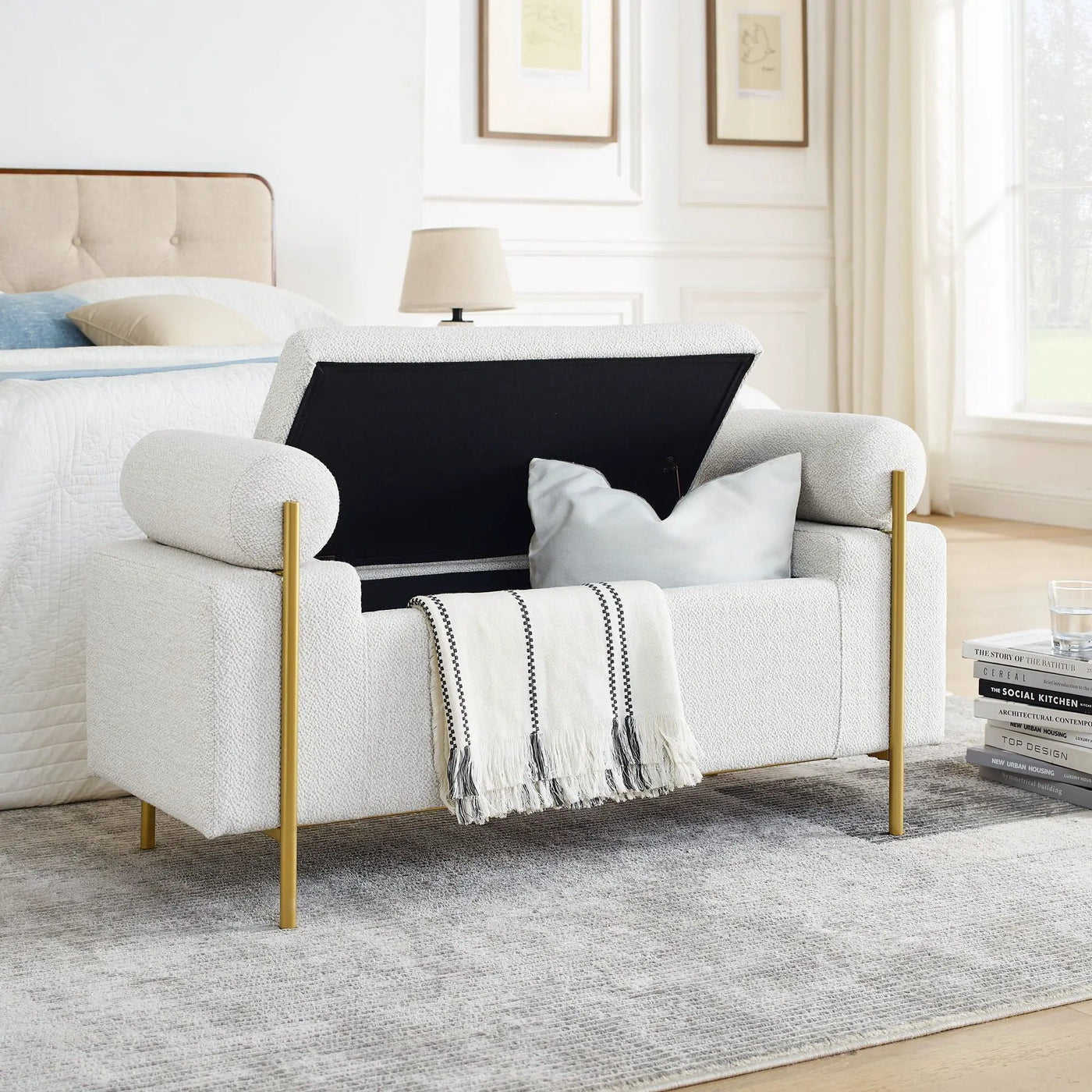 Elegant Upholstered Storage Bench With Cylindrical Arms And Iron Legs, by Unique Piece Furniture