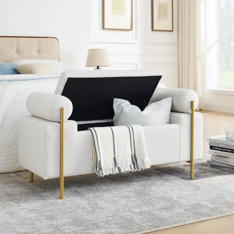 Elegant Upholstered Storage Bench With Cylindrical Arms And Iron Legs, by HouseOfZazla