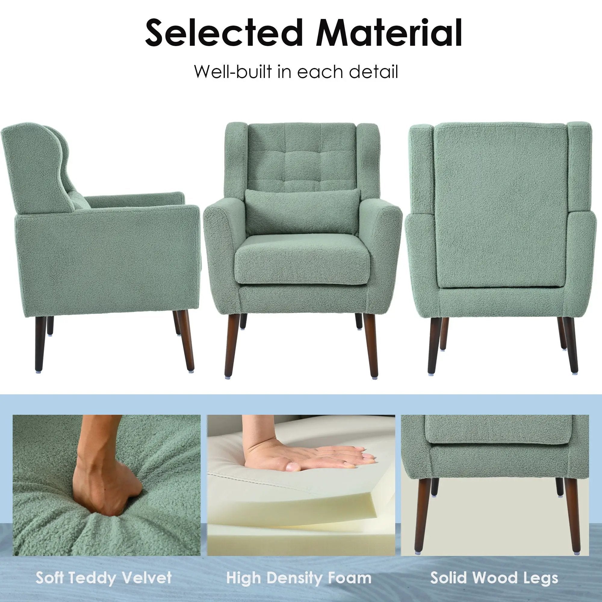 Modern Accent Chair, Teddy Fabric Living Room Chairs Comfy Reading Chair, Mid Century Accent Chair, Lounge Arm Chairs Armchair For Living Room Bedroom - Light Green by Unique Piece Furniture