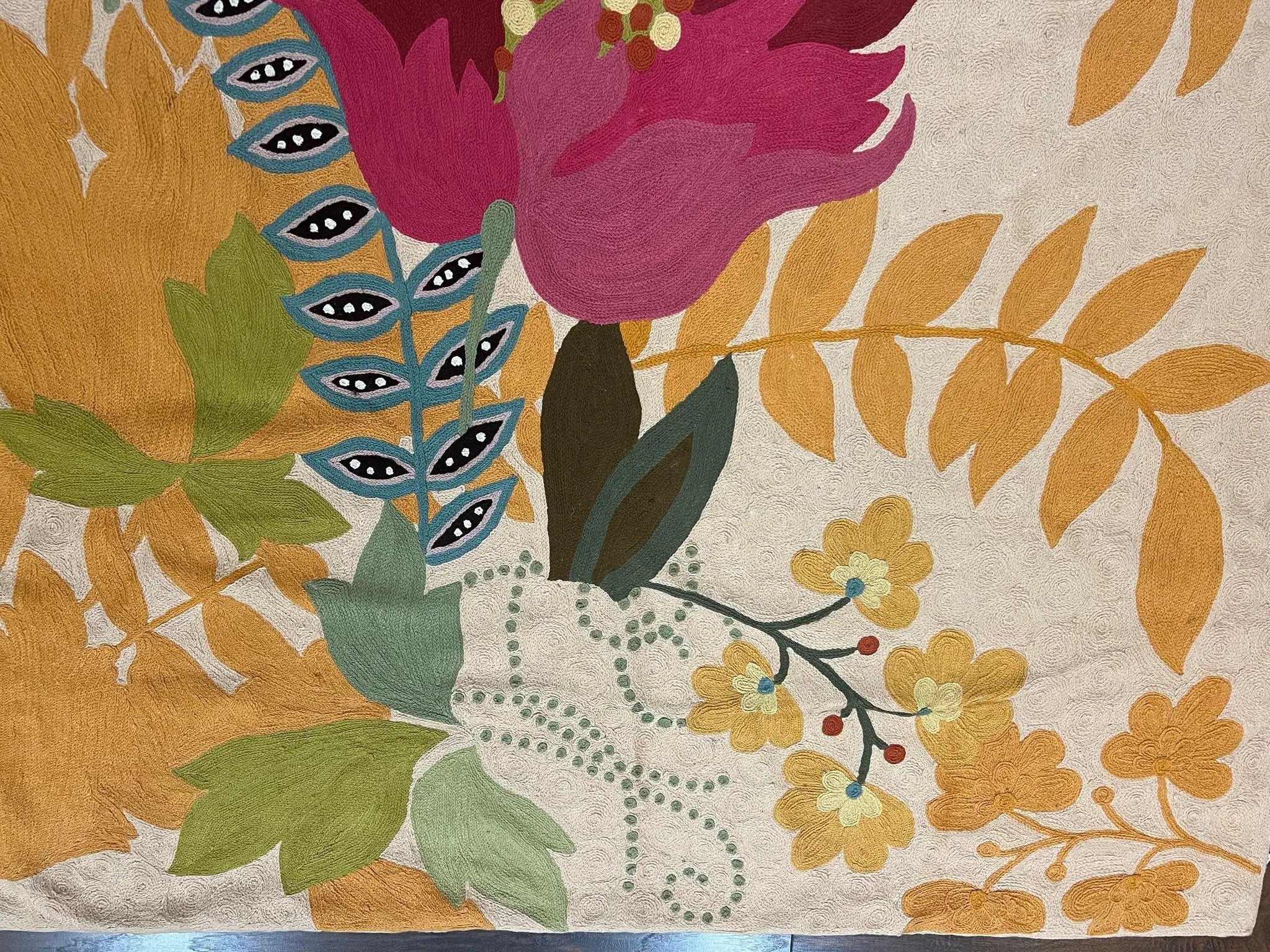 Indian Chain Stitched Rug 4x6, Hand Stitched Indian Embroidery Carpet, Large Floral Design, Contemporary, Cream and Colorful Flowers, Wool by Jewel Rugs