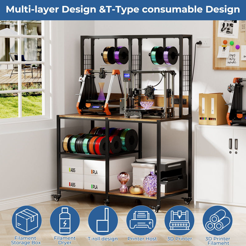 Double 3D Printer Stand with Filament Storage and Lockable Wheels - Black, photo 9 of 10