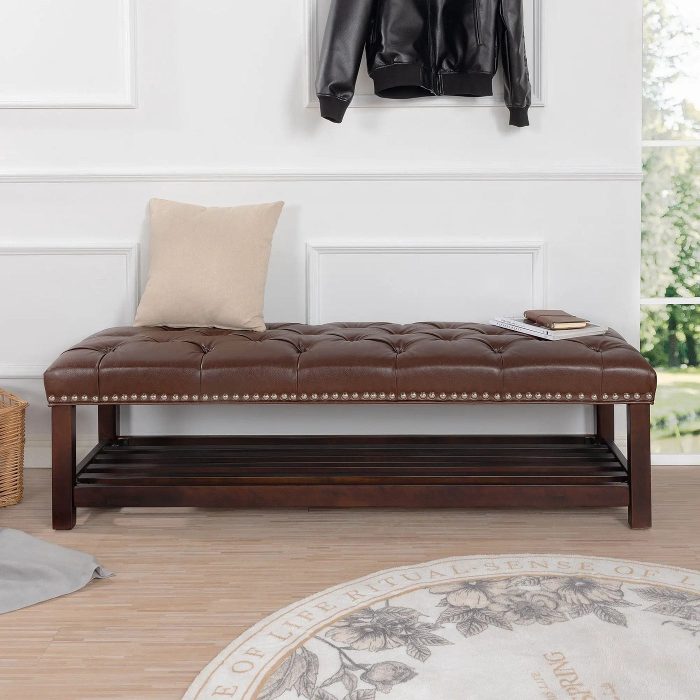 Bedroom End Of Bed Bench Tufted Upholstered End Of Bed Bench End Of Bed Entrance Shoe Bench With Nailhead Trim And Shelf Bedroom Upholstered Bench Living Room Shoe Rack Footstool by HouseOfZazla