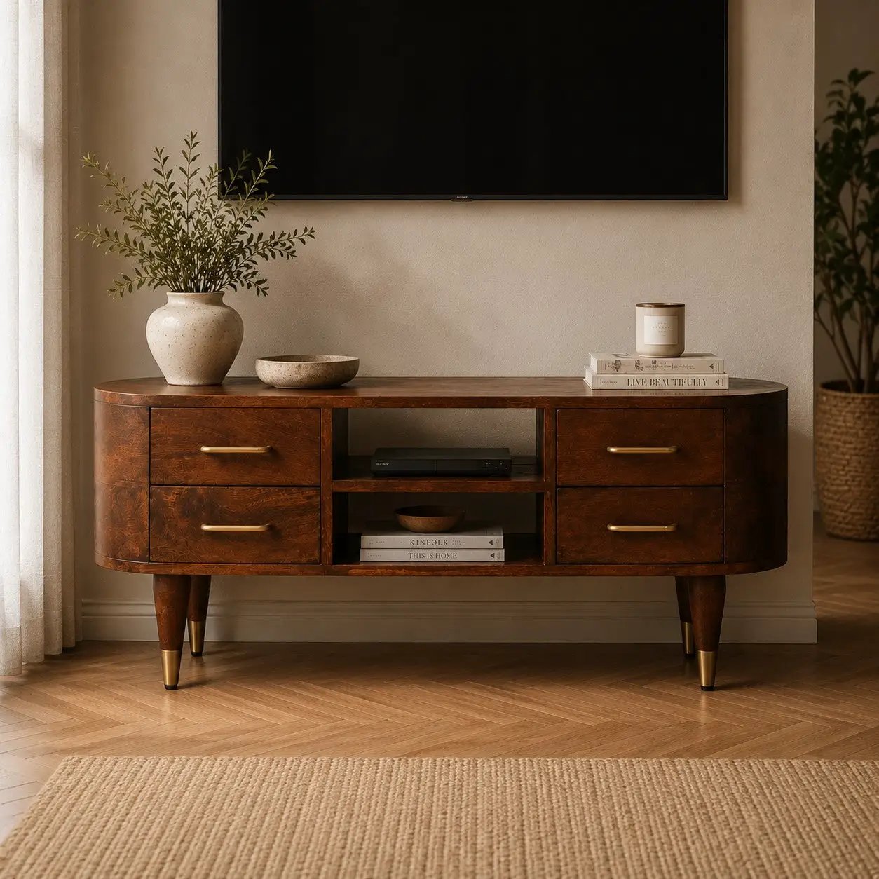 Solid Wood Valenza Curved Media Unit by HouseOfZazla