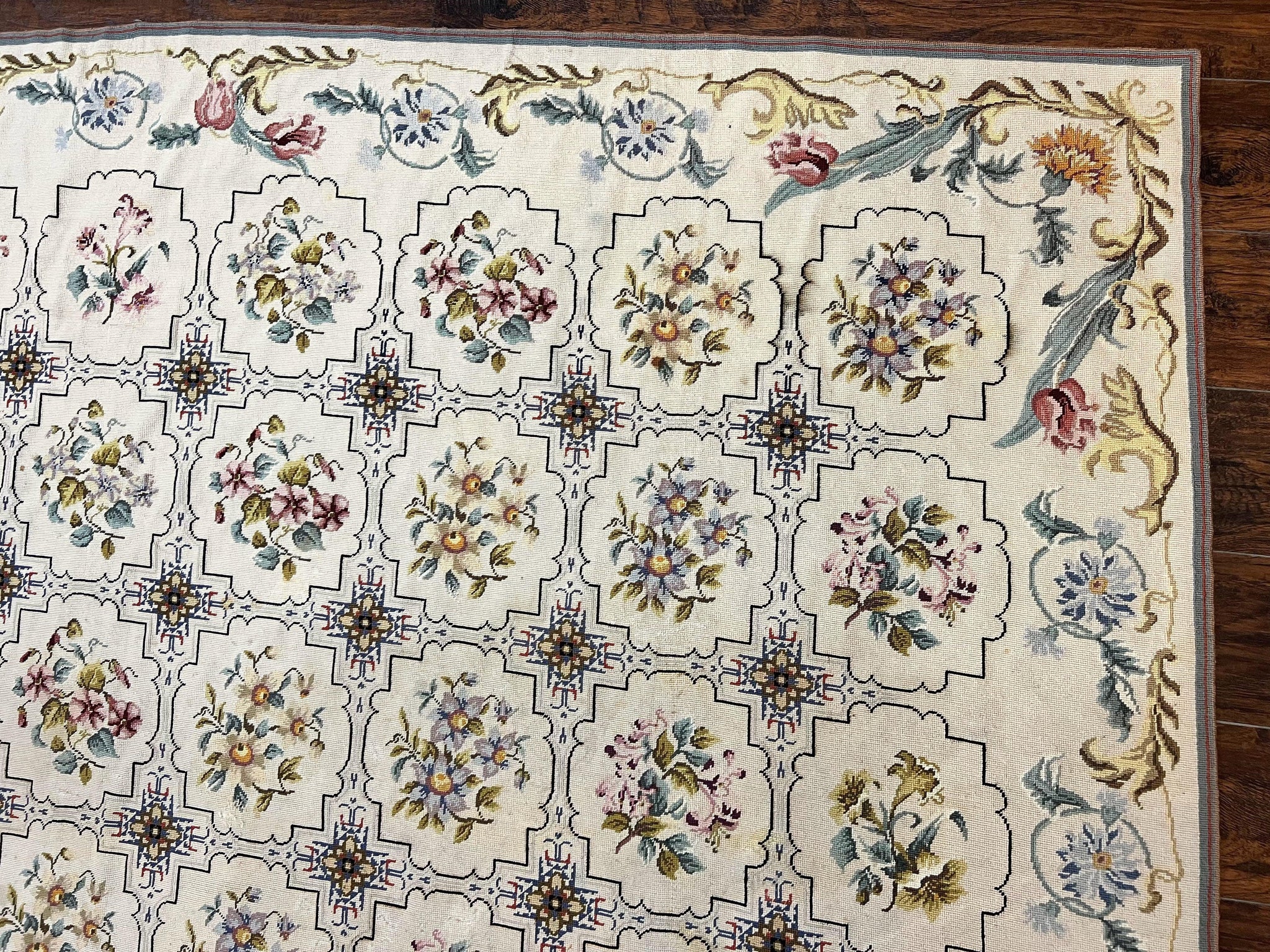 Needlepoint Rug 10x14, Wool Handmade Vintage Needlepoint Carpet, Floral Panel Design, Ivory/Cream by Jewel Rugs