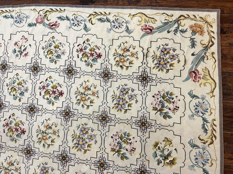 Needlepoint Rug 10x14, Wool Handmade Vintage Needlepoint Carpet, Floral Panel Design, Ivory/Cream by Jewel Rugs
