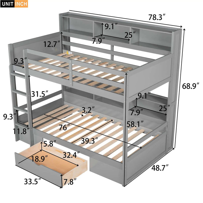 Twin Size Bunk Bed With Built-In Shelves Beside Both Upper And Down Bed And Storage Drawer by Unique Piece Furniture