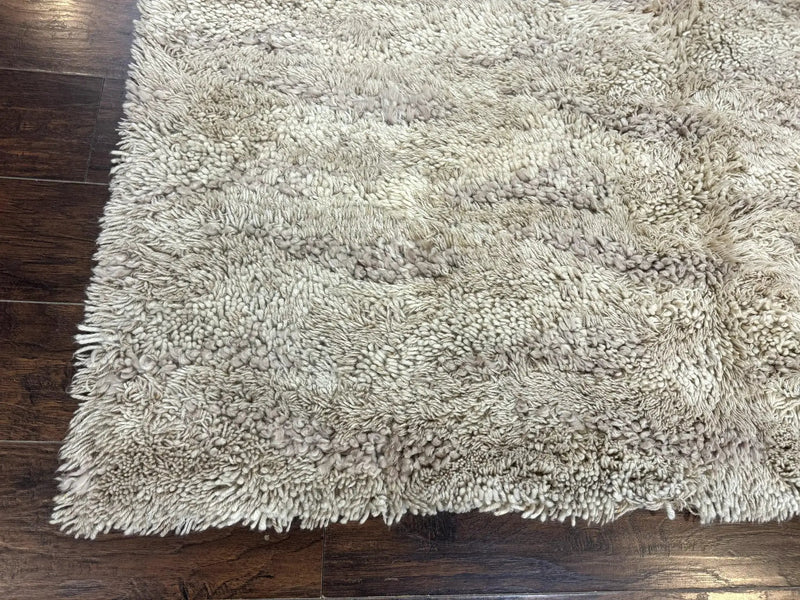 European Rya Shag Rug 6.6 x 9.7, Beige, Fluffy Vintage Area Rug by Jewel Rugs