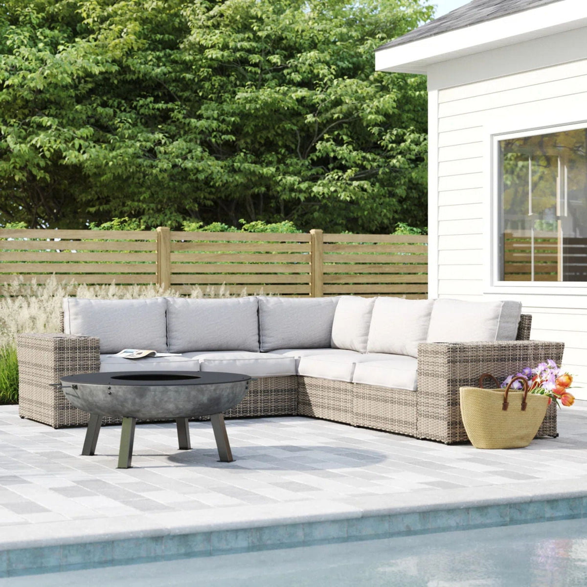 Wide Outdoor Wicker Patio Sectional with Cushions & Reversible Design - Gray, photo 4 of 9