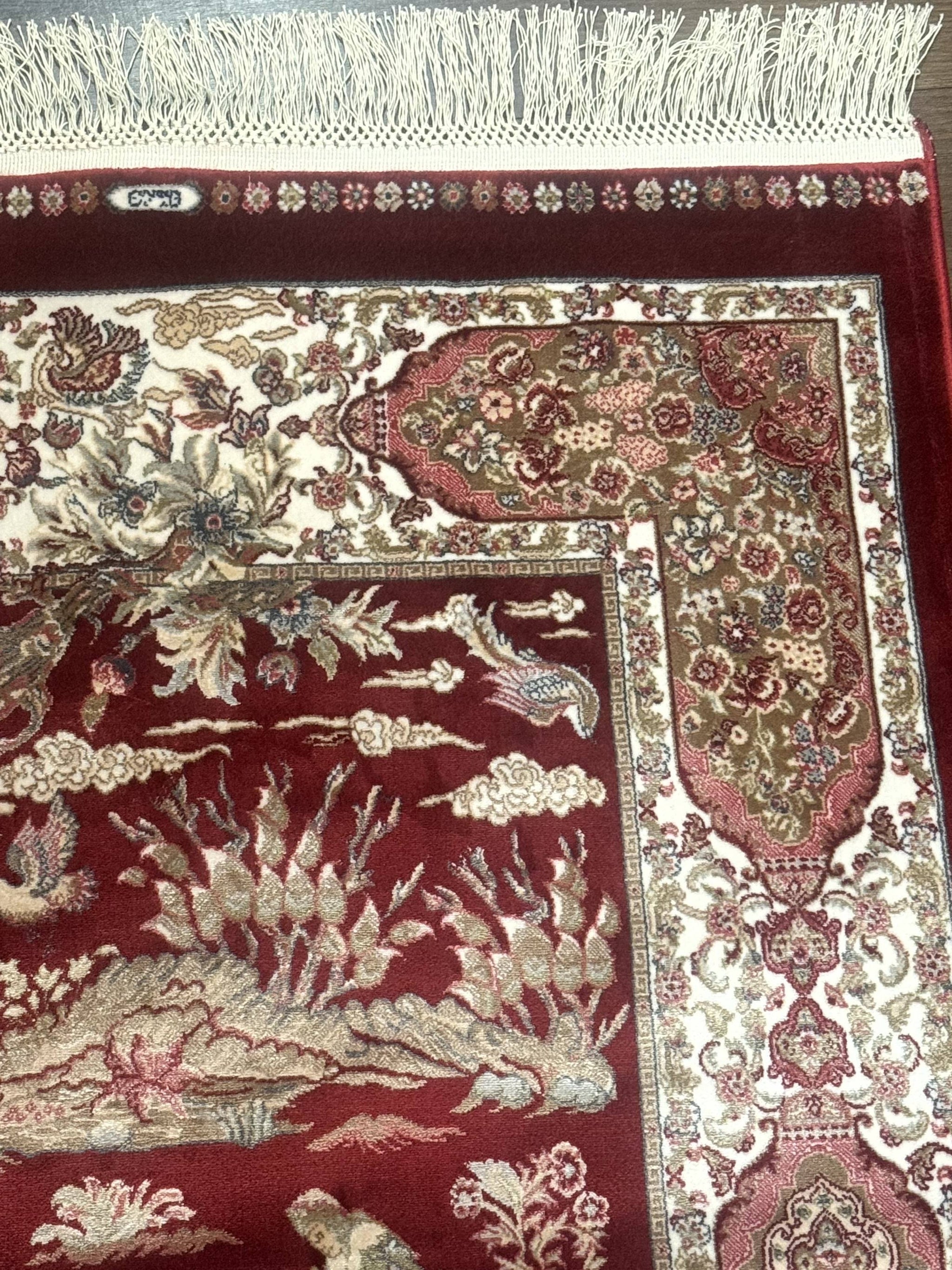 Turkish Silk Rug 2.6 x 6.7, Hunting Design, Short Runner Rug, Red & Ivory, Bamboo Silk, New by Jewel Rugs