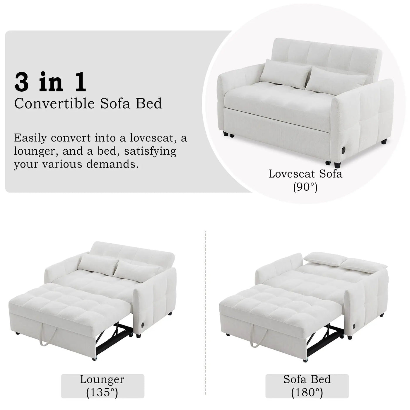 Loveseat Sofa Pull-Out Bed With Adjustable Backrest, 3 USB Ports And 2 Lumbar Pillows For Living Room by Unique Piece Furniture