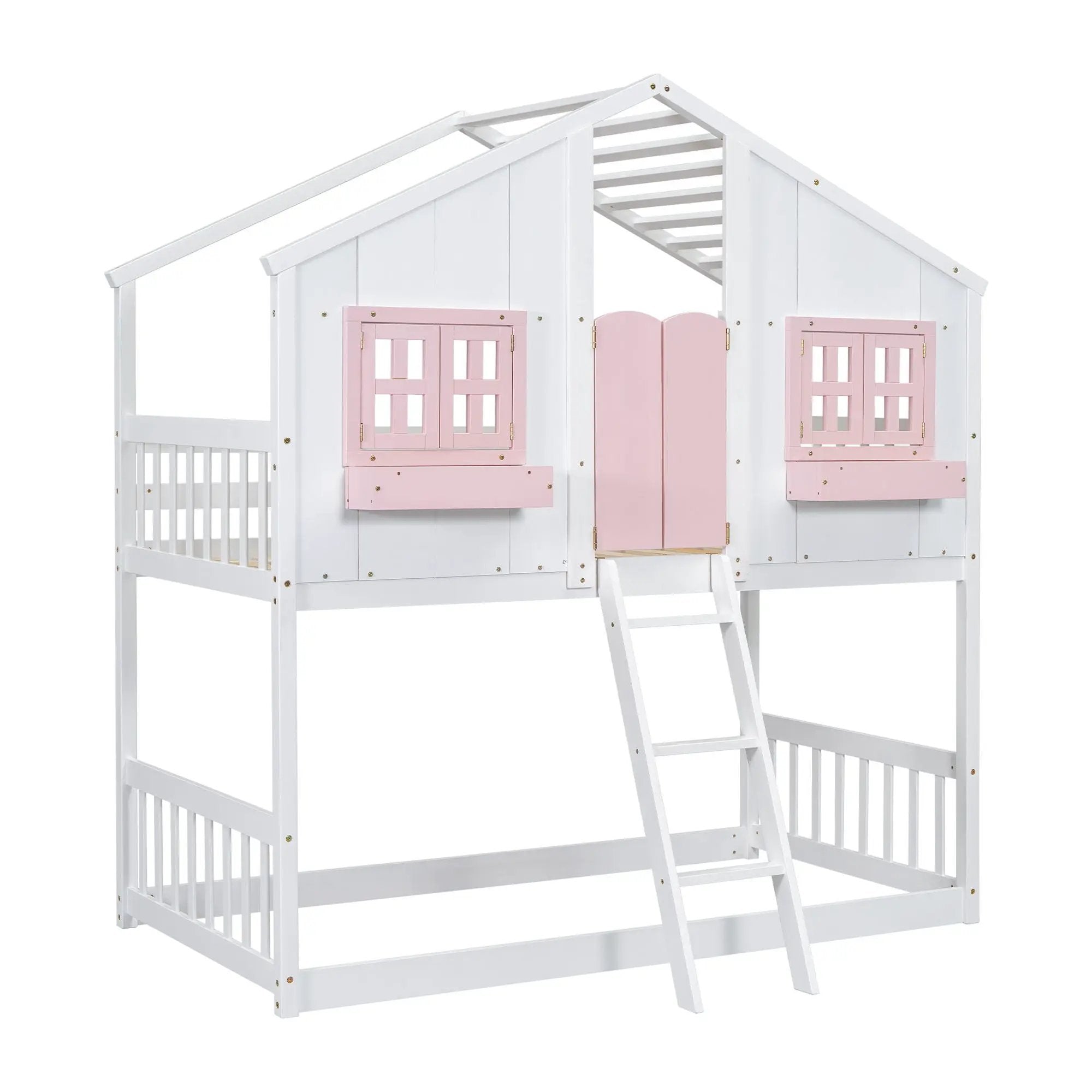 House Bunk Bed With Roof, Window, Window Box, Door, With Safety Guardrails And Ladder by HouseOfZazla