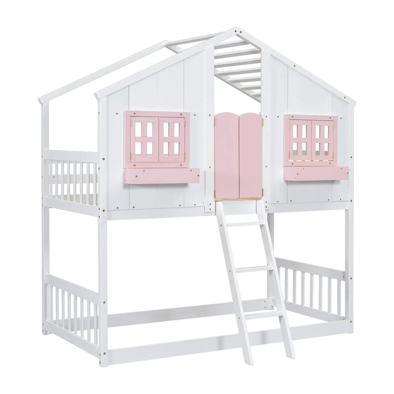 House Bunk Bed With Roof, Window, Window Box, Door, With Safety Guardrails And Ladder by HouseOfZazla