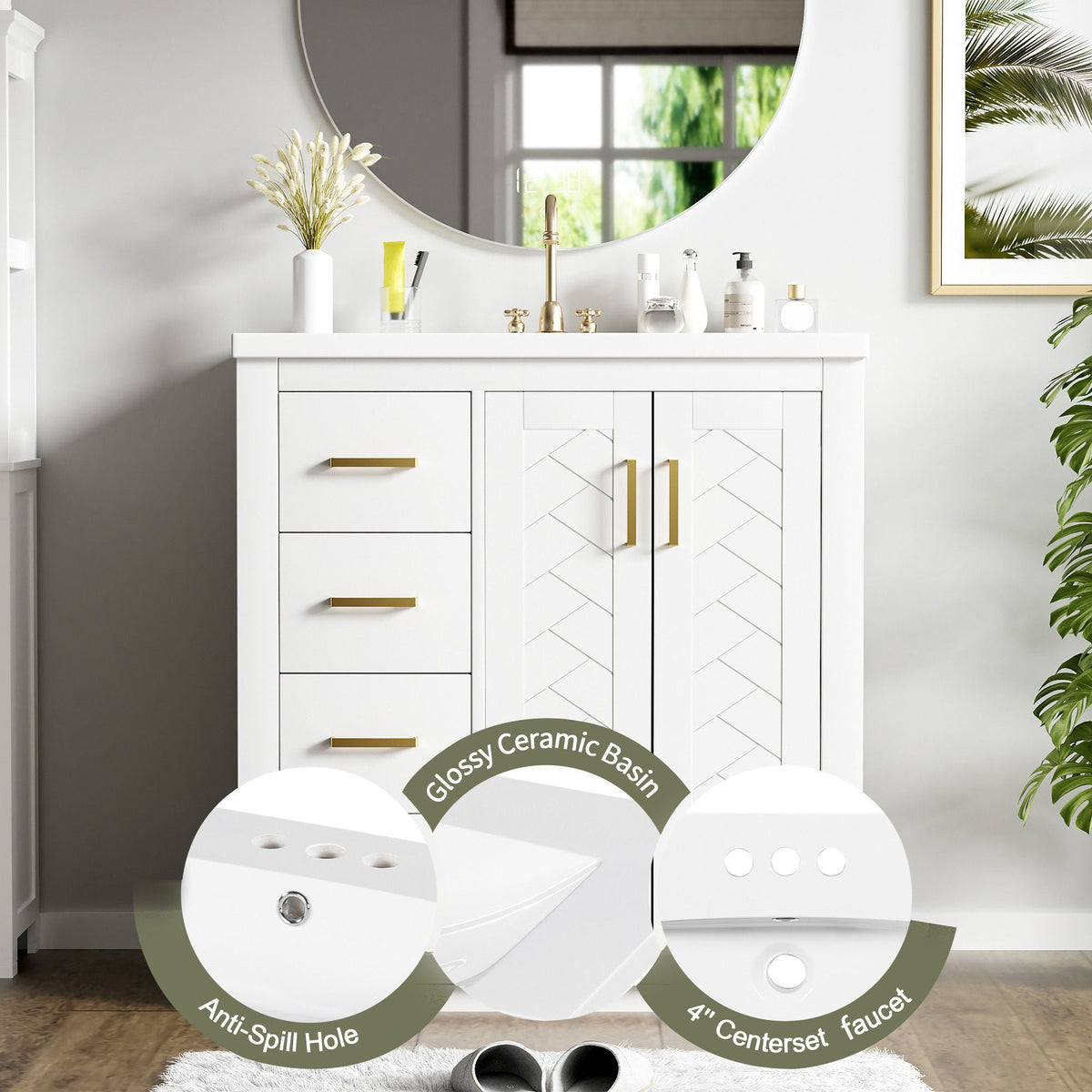 Ceramic Sink Combo, Freestanding Vanity Set With 3 Drawers & Soft Closing Doors, photo 29 of 35