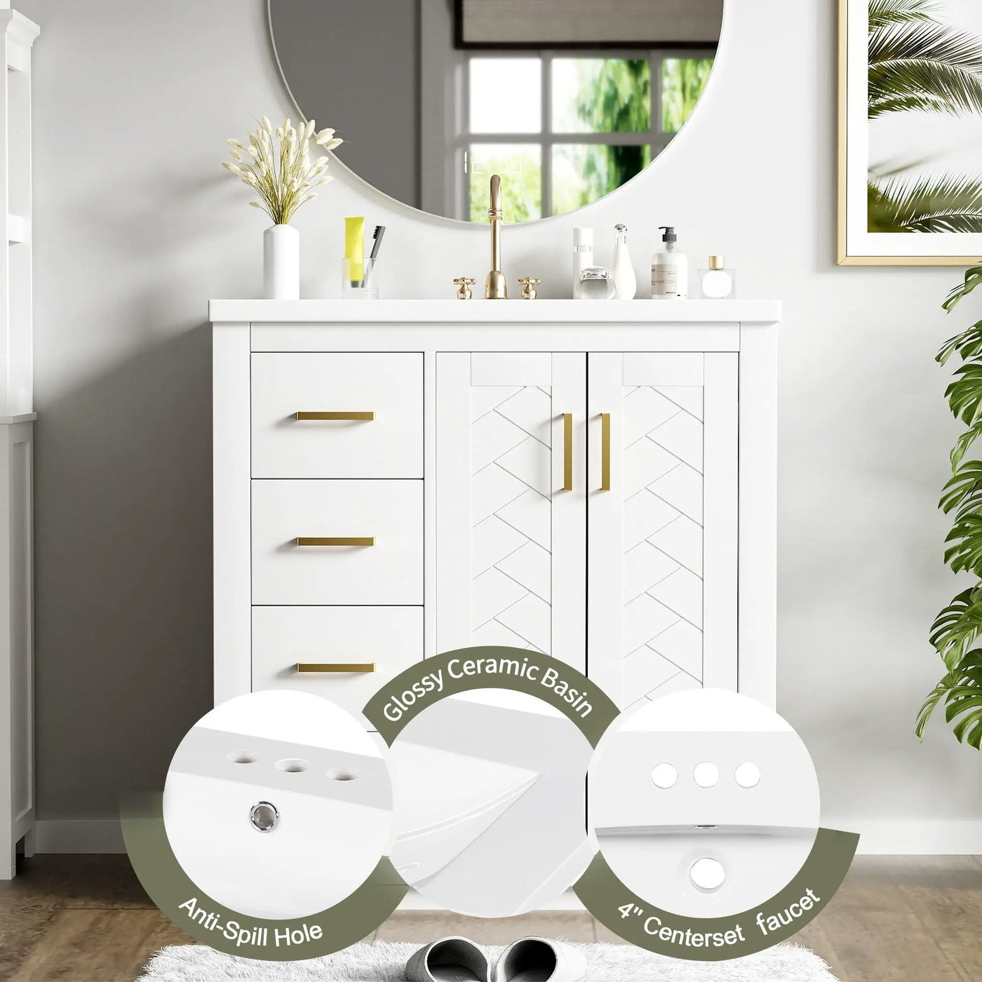 Ceramic Sink Combo, Freestanding Vanity Set With 3 Drawers & Soft Closing Doors by Unique Piece Furniture