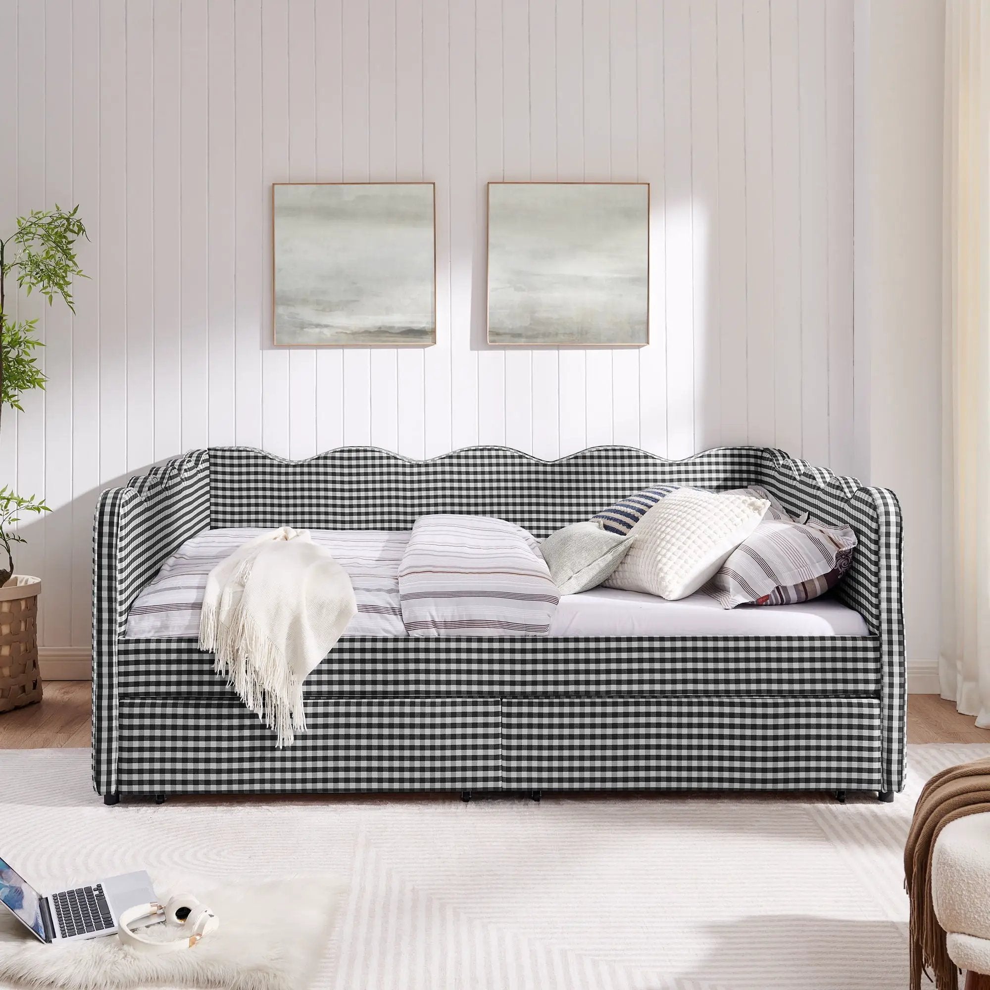 Gingham Daybed With USB Charging Port, Wave-Shaped Design by Unique Piece Furniture
