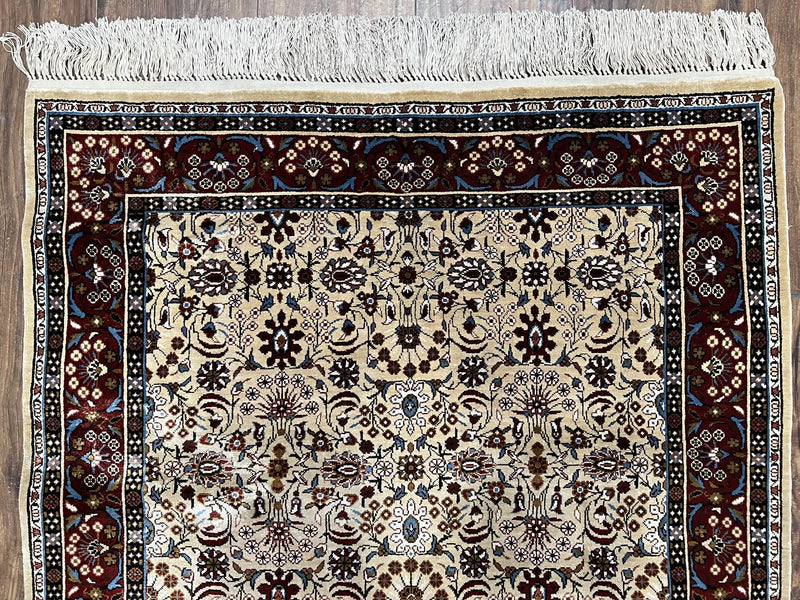 Fine Sino-Persian Silk Rug 3x5, High Quality Silk Carpet, Handmade Small Silk Rug, Allover Repeated Motif, Tan Maroon Blue Vintage Silk Rug by Jewel Rugs