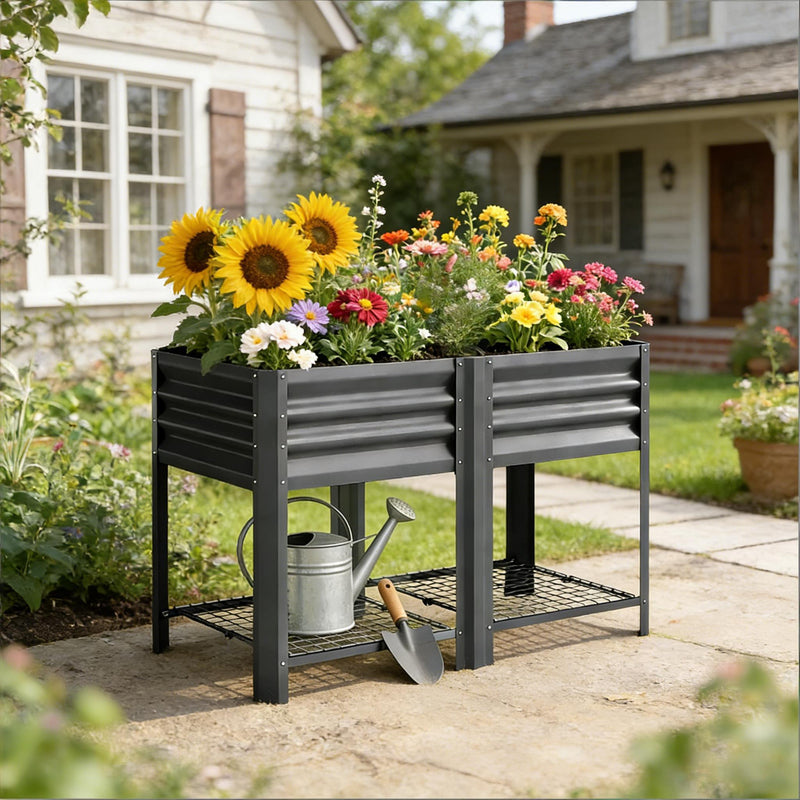 Elevated Steel Patio Planter Box with Bottom Shelf - Dark Gray, photo 3 of 9