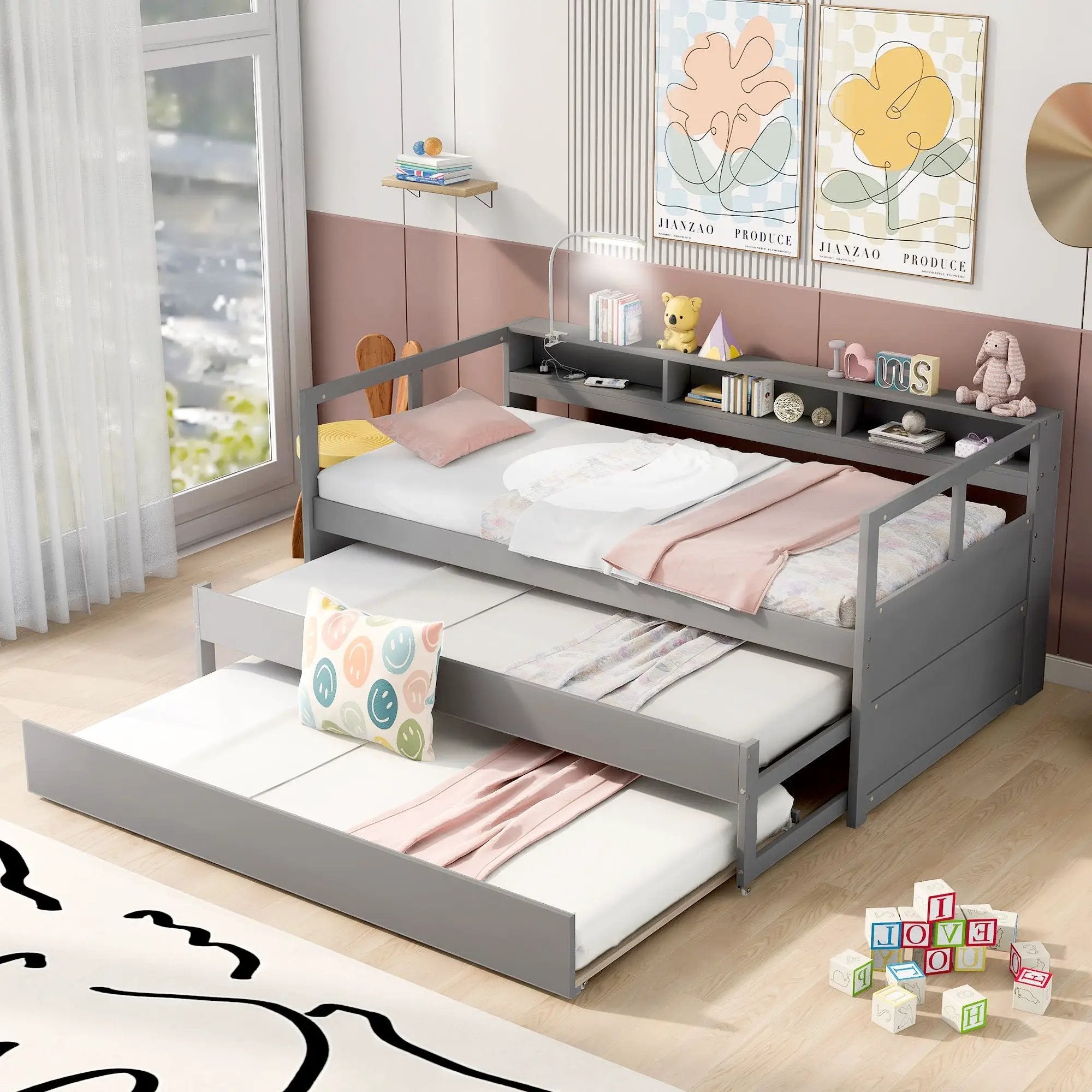 Daybed With 2 Trundles, 3 Storage Cubbies, Built In USB Charging Light by HouseOfZazla