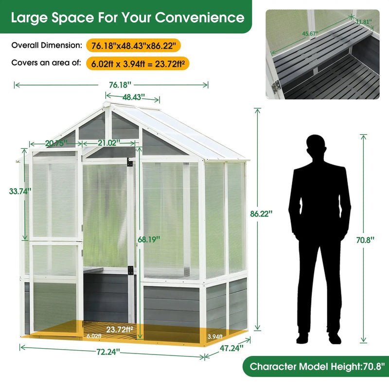 Greenhouse, Wooden Greenhouse Polycarbonate Garden Shed For Plants, Walk-In Outdoor Plant Gardening Greenhouse For Patio Backyard Lawn, Grow House With Front Entry Door - White / Gray by HouseOfZazla