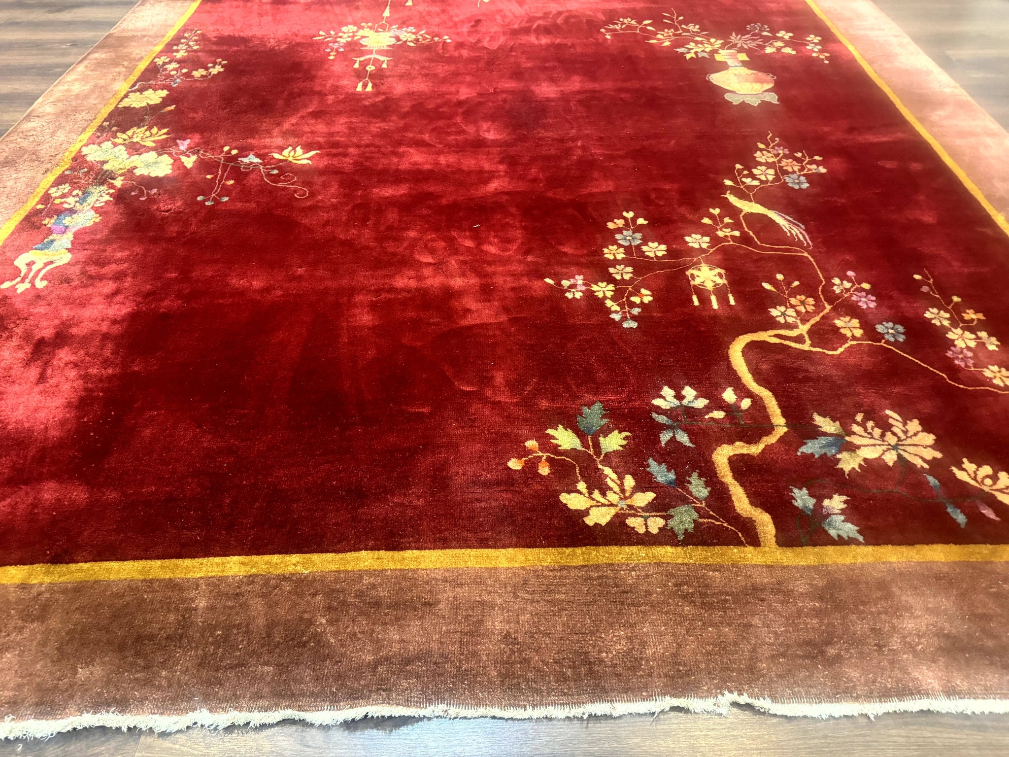 Red Chinese Art Deco Rug 9x11, Simple Design, Wool Chinese Area Rug, Antique by Jewel Rugs