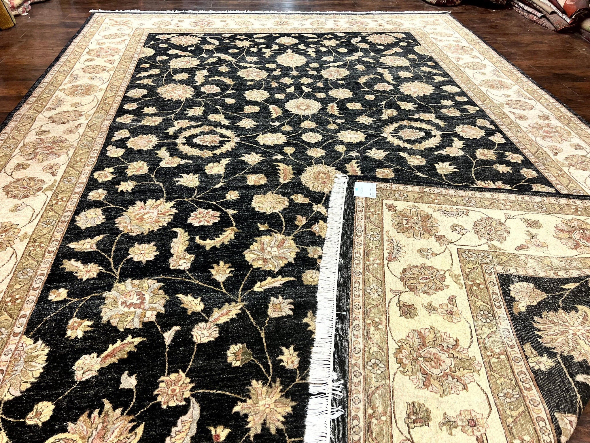 Indo Persian Rug 10x14, Charcoal and Beige, Floral Allover, Handmade Vintage Wool Carpet by Jewel Rugs