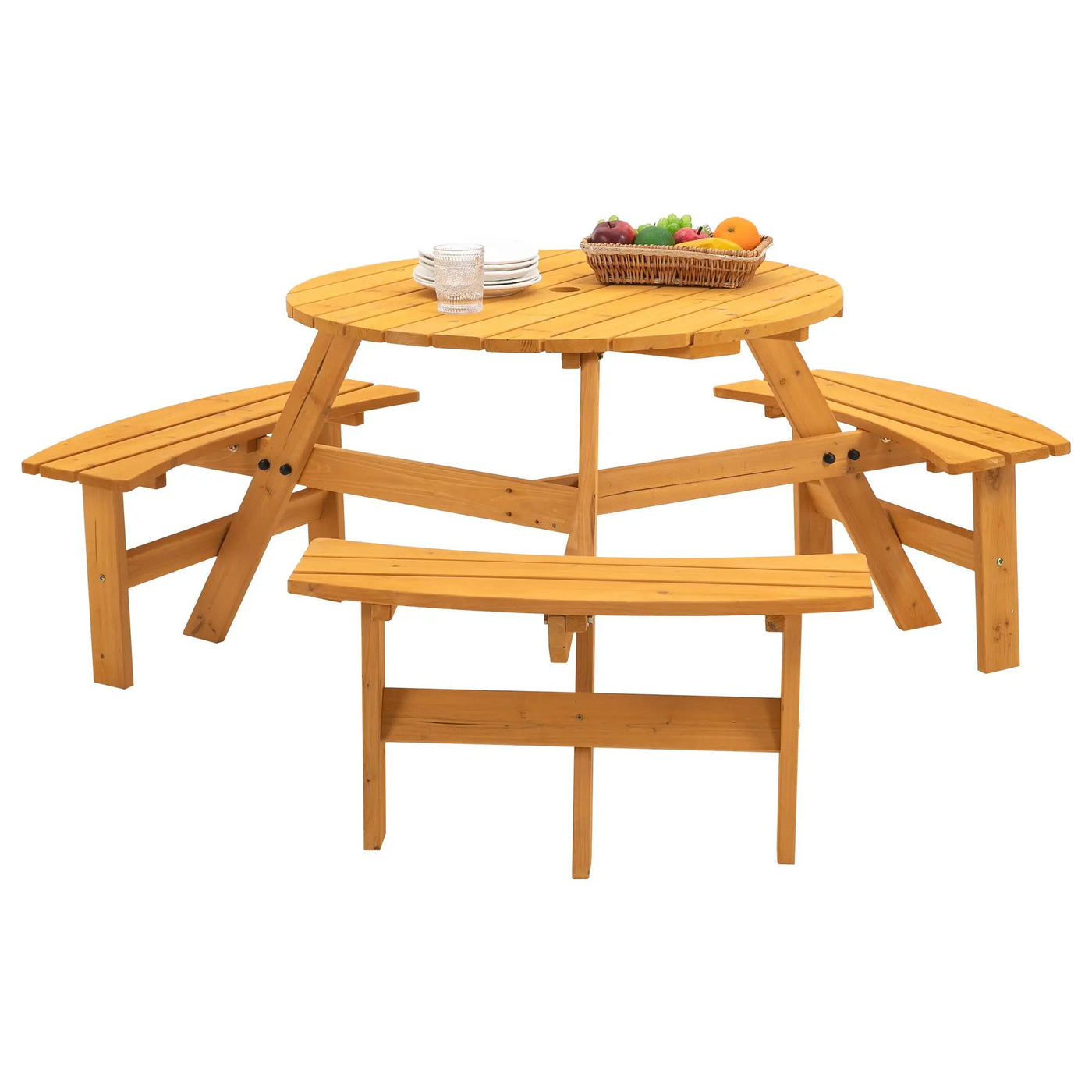 6 Person Circular Outdoor Wooden Picnic Table For Patio, Backyard, Garden, Diy With 3 Built-In Benches, 1720Lb Capacity by Unique Piece Furniture